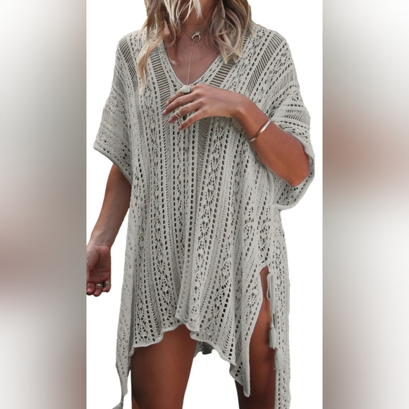 Womens Crochet Cover Up Half Sleeves Lace Knitted Tassel Tie Kimono Beachwear OS - Picture 11 of 12